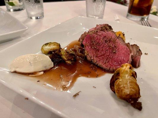 Bison ribeye - twice baked root vegetables, truffle fried brussel sprouts, humboldt fog mousse, sauce eschalot