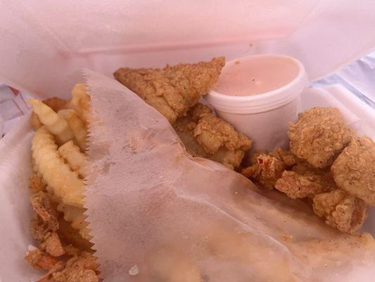 fillet sole , shrimp ,french fries and mac & cheese