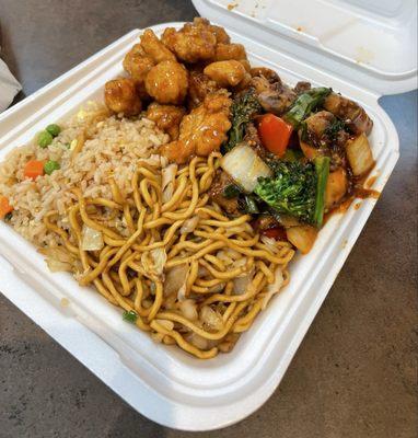 Plate (Orange Chicken, Black Pepper Sirloin Steak, Half Fried Rice, and Half Chow Mein)