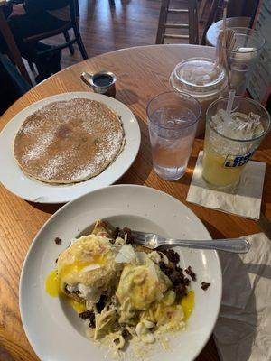 Eggs Benedict (Alfredo special) 1 Pancake with Fruit (blueberry pancake) real maple syrup, mimosa, iced chai