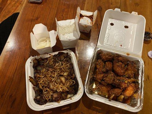 jjajjangmyun (left), Peking chicken (right)