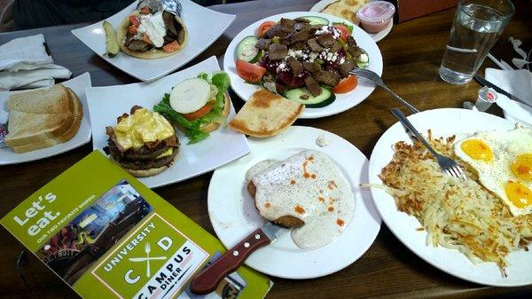 Saturday Brunch, Monster Cheeseburger, Gyro sandwich, Country Fried Steak n Eggs , Gyro Greek Salad a hidden Gem  Love