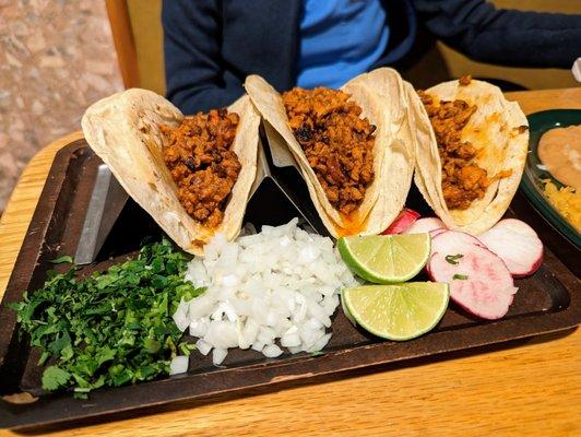 Three Tacos with Rice and Beans. $11.25. All Al Pastor. Served with corn tortillas with onions, radish, cilantro, and lime on the side.