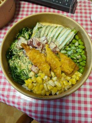 MYO Bowl - tuna & shrimp tempura w/ seaweed salad, corn, avocado, edamame