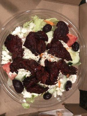 Greek salad with steak tips was very good!