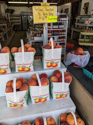 Yellow peaches, freestone, half peck bags. $12.50 each. These are the best, five-star peaches.