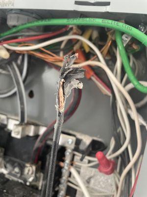 Damaged wire that was drilled into by the solar installation team.