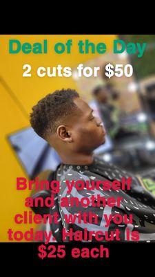 Tuesday Special *no deposit required 

Bring yourself and another client with you today. Haircut is $25 each