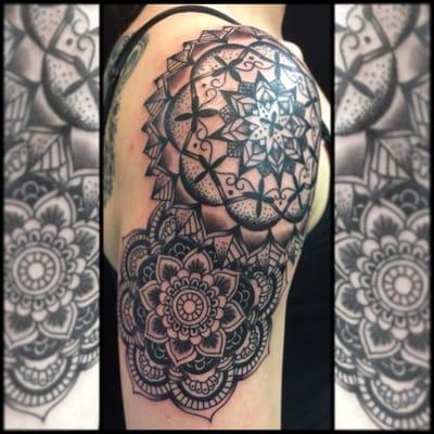 Beautiful half sleeve mandala piece made by our shop manager and artist Oksana Weber.