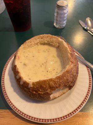 Cream of potato soup in a sourdough bowl. It's Saturday night let the dishwasher go home early and order the bread bowl.