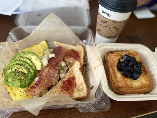 Spanish Latte with coconut milk  Cali Omelette Blueberry Danish