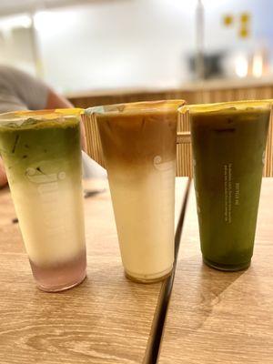 Left: NEW Lavender Honey Matcha Blended Middle:  Cold Madagascar Vanilla Latte Right: Dirty Matcha Blended