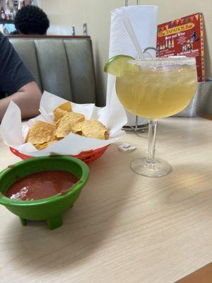 One of many margaritas available with chips, salsa and cheese dip (not shown, but yummy)