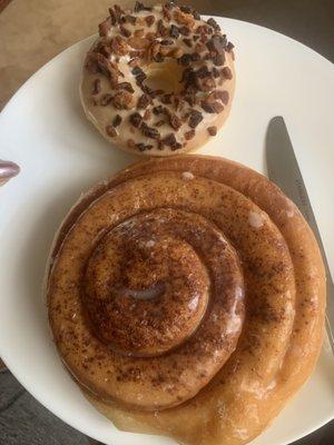 Maple bacon donut and a cinnamon roll