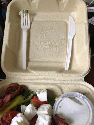 Way to go Moravelas! They use all recycled/able "to go" containers and flatware (made from plant starch).