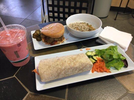 Vegan version of meatball sandwich, low carb vegan wrap and classic smoothie