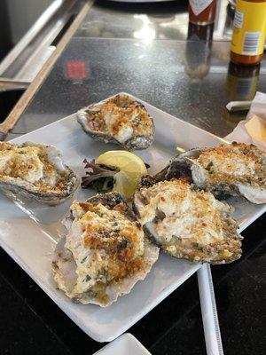 Baked oysters with lump crab meat.