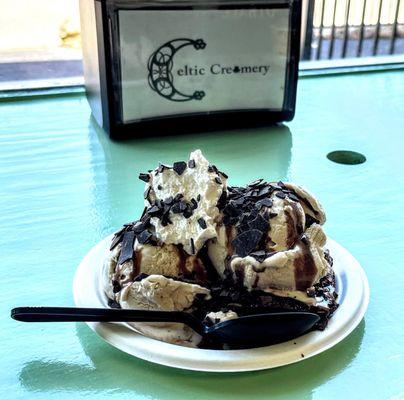 Enjoyed an amazing treat today. A brownie with Sea & Bee & Irish Butter Pecan ice cream, whipped cream, and chocolate shavings.