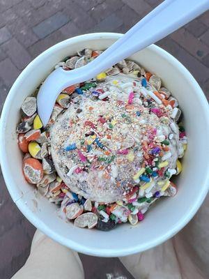 I LOVE TOPPINGS!!! pretzel ice cream with rainbow sprinkles and m&ms