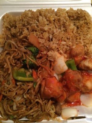 Sweet and sour chicken and beef chow mein