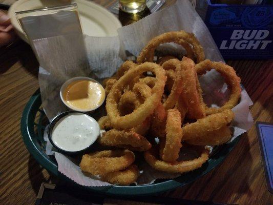 Onion rings and boom boom sauce