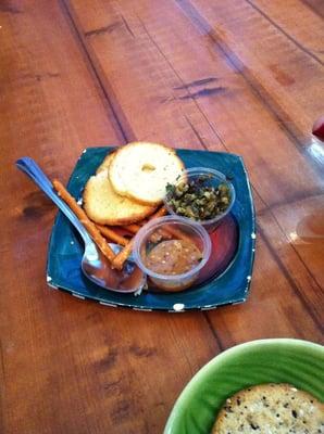 YUMMY olive spread and mustard pretzel dip.