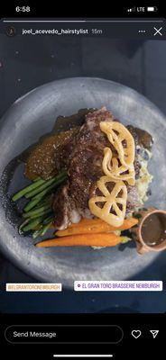 Carne asada with esquites mashed potatoes green beans carrots and mole sauce