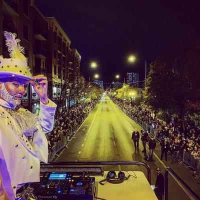 The GoodBus leading the Halloween parade down Halsted St. in Boystown, Chicago.