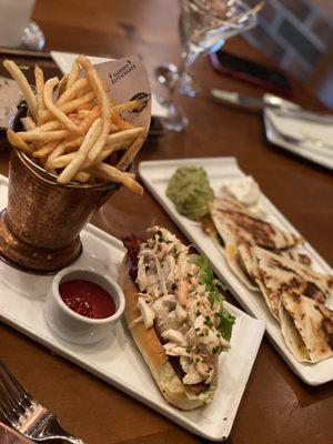 Crab BLT with old bay frites AND rotisserie chicken quesadillas.