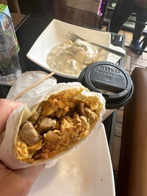 Sausage breakfast burrito, Biscuits and gravy and a Mexican Mocha!!