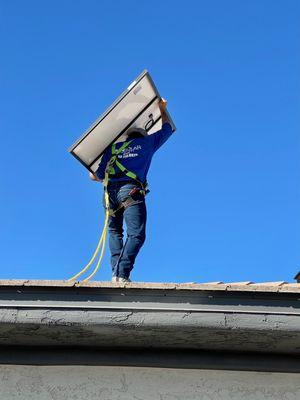 Our installer getting the solar panels up onto the roof for install.