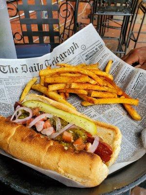 Chicago Dog with fries.