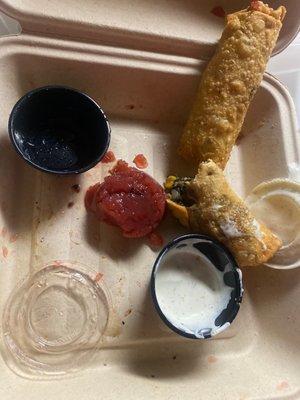 Two terrible SW egg rolls, barely cooked, and a frozen cranberry sauce.    Awful!!