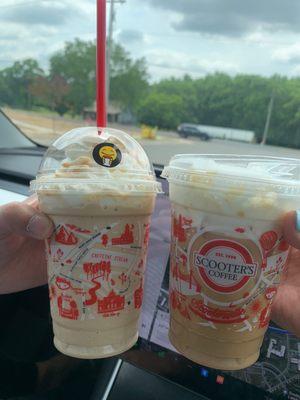 Blended Caramelicious and an Iced White Mocha with cold foam