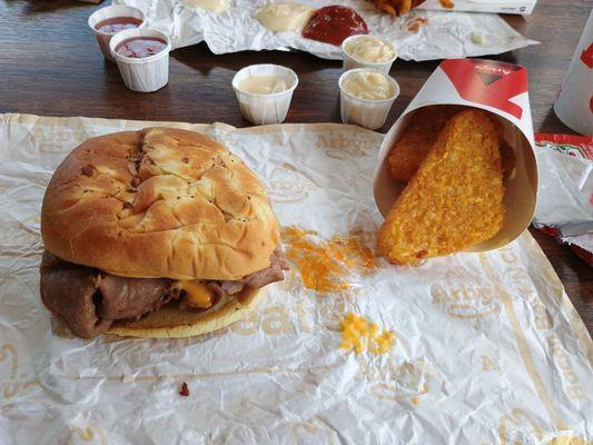 Beef and Cheddar with Potato Cakes