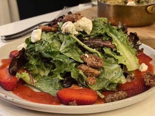 Strawberry Salad is a perfect blend of mixed greens, candied pecans, feta and fresh strawberries topped with a lemon poppyseed dressing.