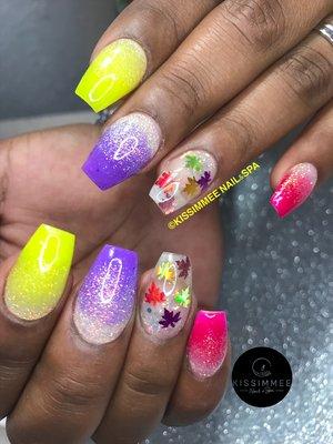 Coffin shaped, acrylic nails, ombré, glitter, maple leaves, neon.