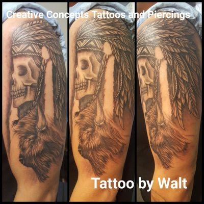 Custom Native American skull and buffalol theme tattoo by Walt