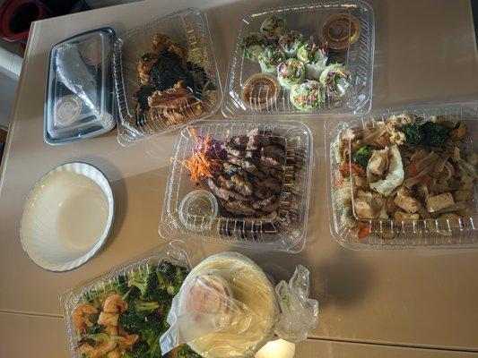 Takeout - satay, summer rolls, pad see ew, dancing prawn, yellow curry