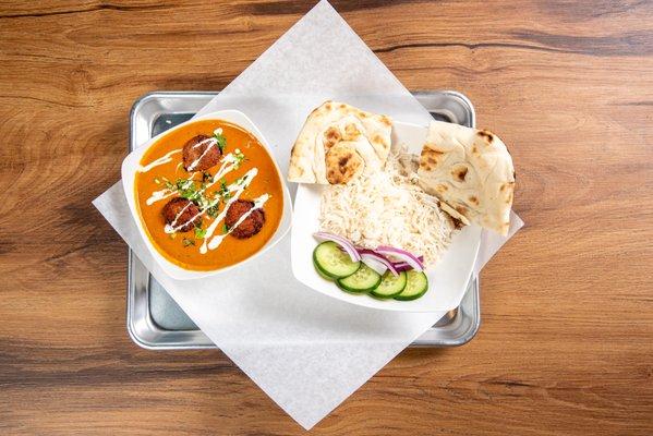 Veggie Kofta Bowl(kofta)
 with rice and naan