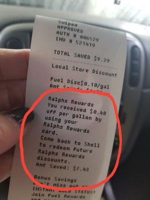 Ralph's rewards saved me 40 cents at the pump!