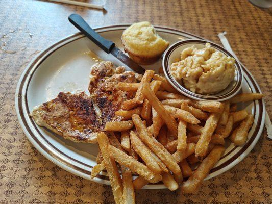 Grilled chicken with corn bread, Mac N Cheese and Fries