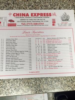 Lunch menu from China Express 11:00am-3:30pm