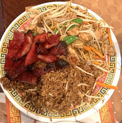 Pork fried rice with vegetable lo mein and boneless delicious ribs