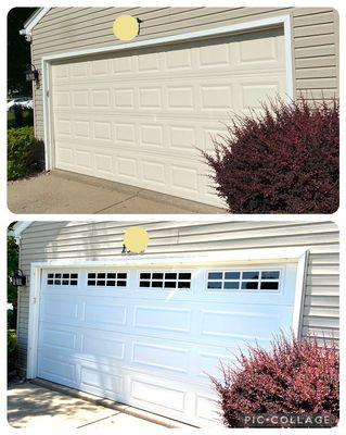 Side view of the garage door with windows