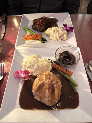 Steak with bacon dinner and beef wellington. Delicious!