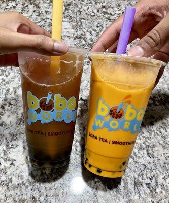 Lychee Fusion Green Tea with boba (left) & Thai Milk Tea with boba (right)