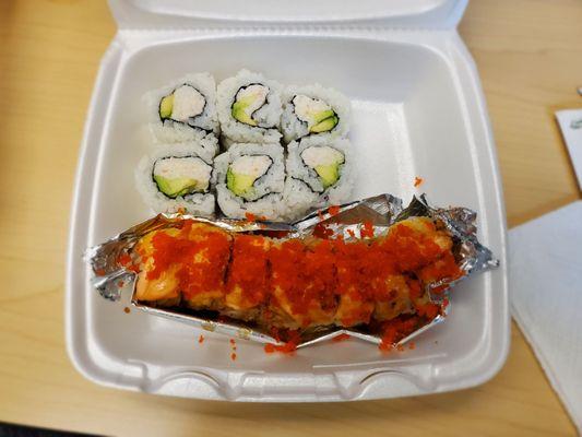 California roll on top and Lion king roll on bottom