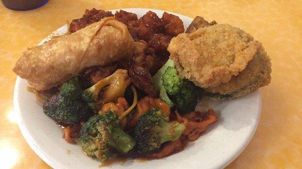 Chicken & broccoli, fried zucchini, sesame chicken & an egg roll