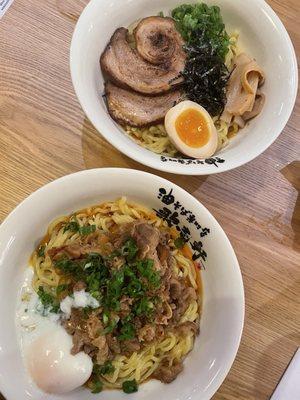 original abura soba with a soft-boiled egg (top) and sukiyaki abura soba with a poached egg (bottom)